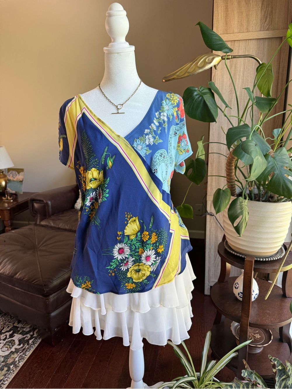 Odille Navy and Yellow Floral Wrap V-Neck Blouse